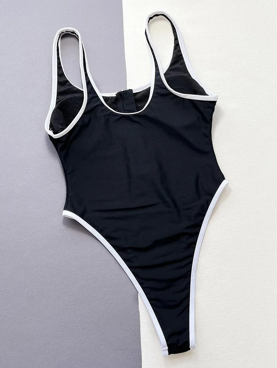 Women's Black Beachwear - Zipper One-Piece Swimsuit