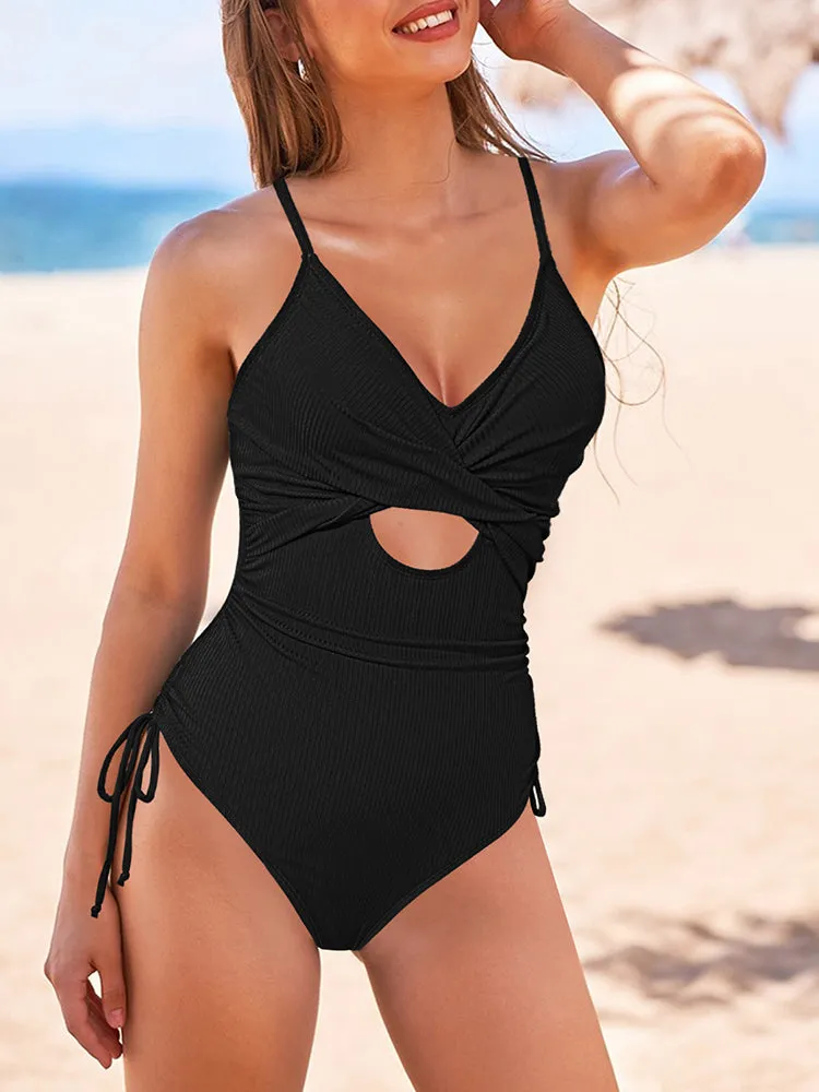 Womens One Piece Ruched Cut Out Wrap One Piece Bathing Suit