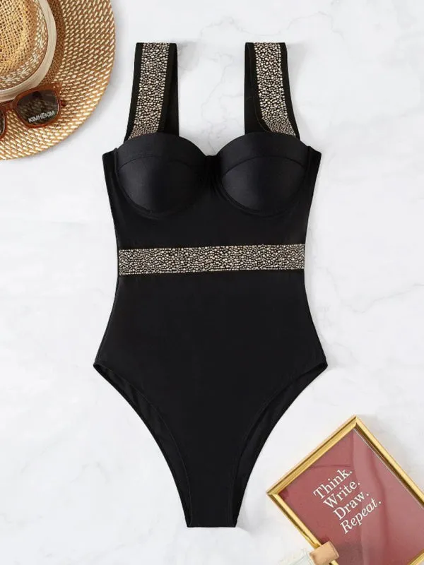 Women's rivet decor push-up one-piece swimwear