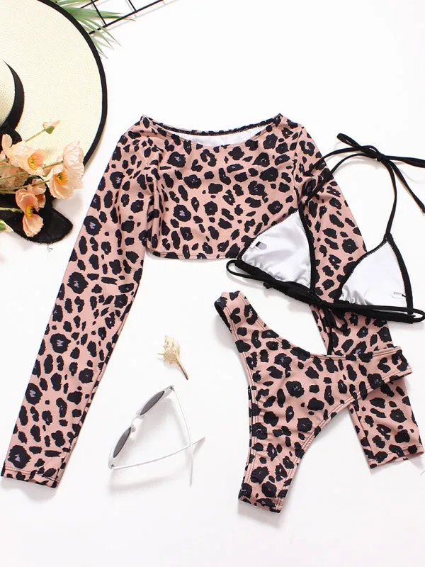 Women's sexy braided rope leopard print long-sleeved print split three-piece swimsuit