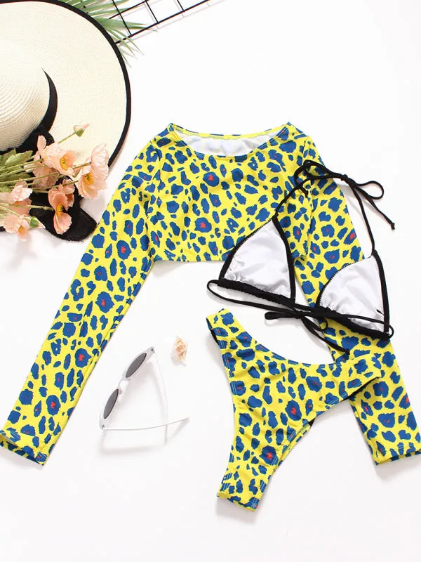 Women's sexy braided rope leopard print long-sleeved print split three-piece swimsuit