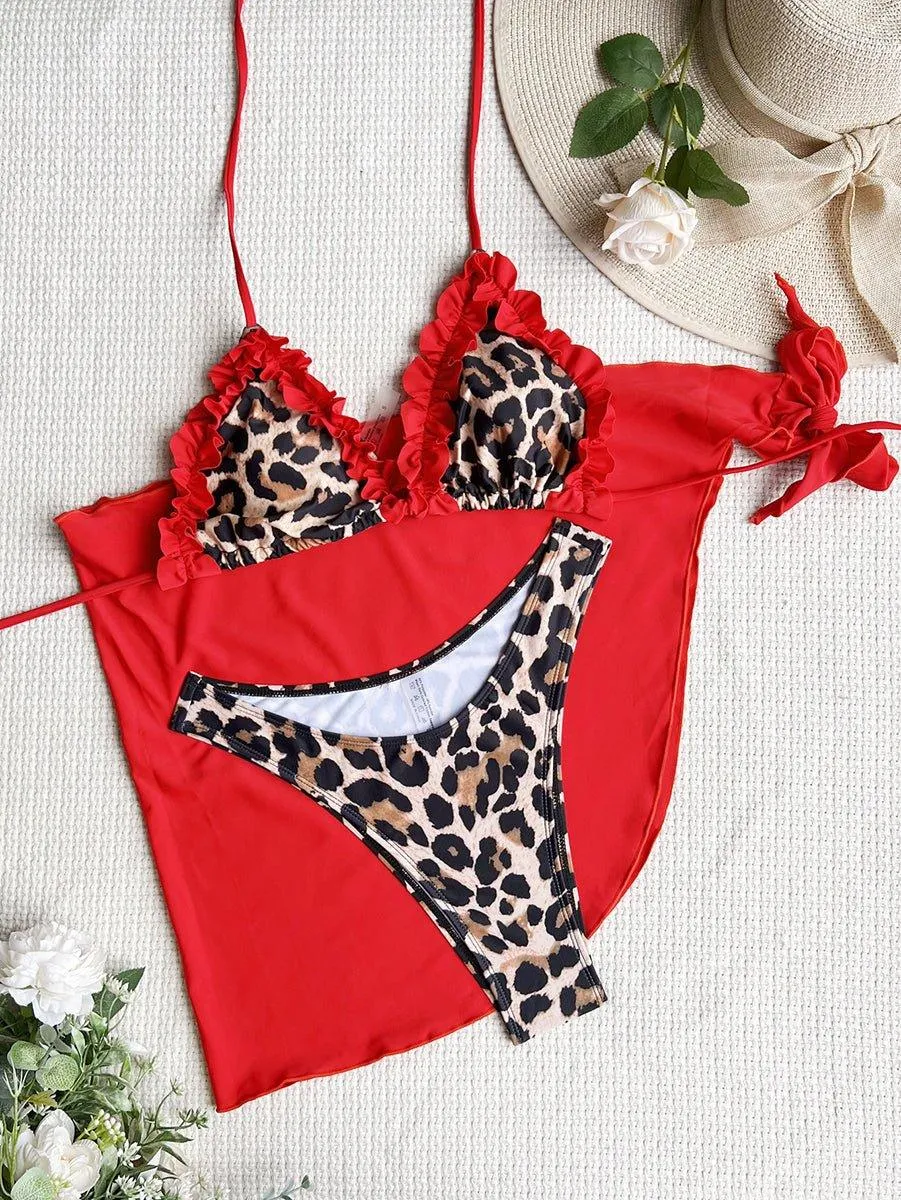 Women's Sexy Lace Leopard Bikini Set with Cover Up - GFIT Beach Swimwear