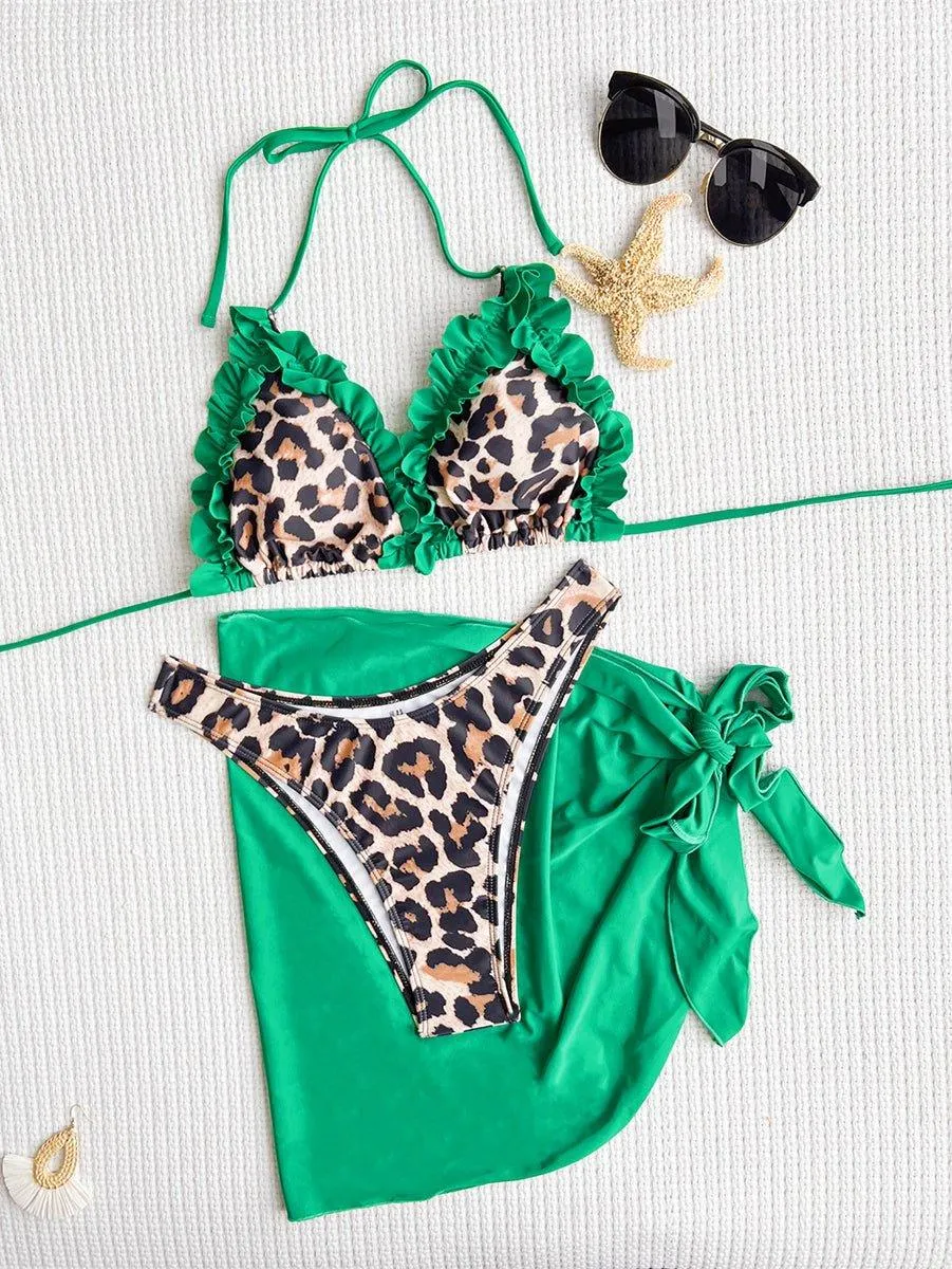 Women's Sexy Lace Leopard Bikini Set with Cover Up - GFIT Beach Swimwear