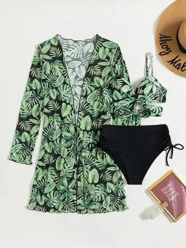 Women’s tropical print bikini three-piece sets