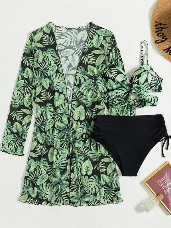 Women’s tropical print bikini three-piece sets