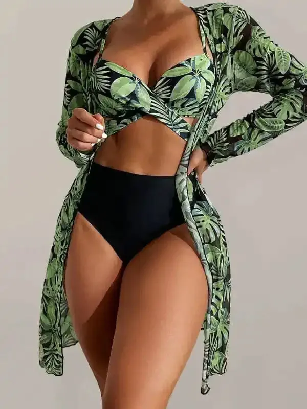 Women’s tropical print bikini three-piece sets