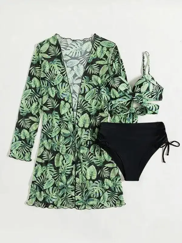 Women’s tropical print bikini three-piece sets